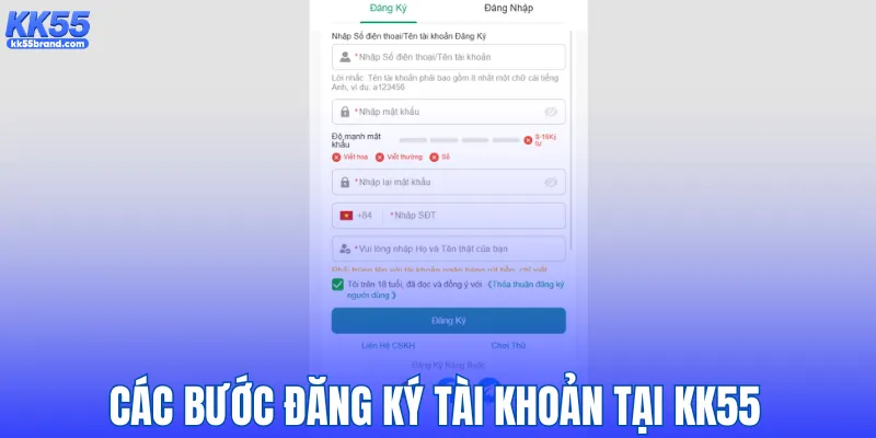 Các bước đăng ký tài khoản tại KK55